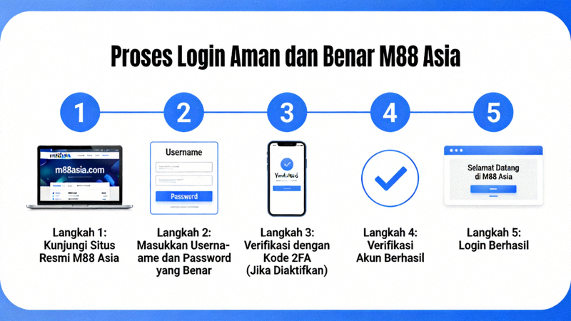 Diagram alur langkah demi langkah proses login M88 Asia yang aman dan benar