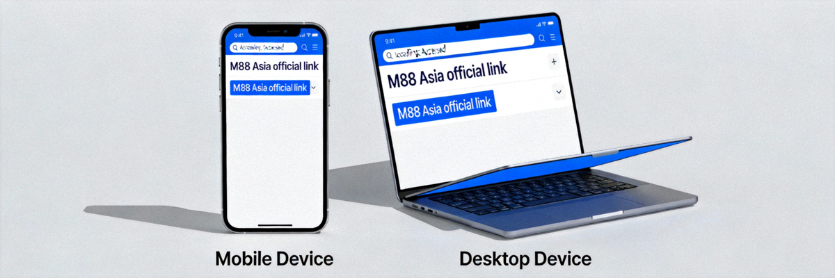 Ilustrasi akses ke link resmi M88 Asia melalui perangkat mobile dan desktop