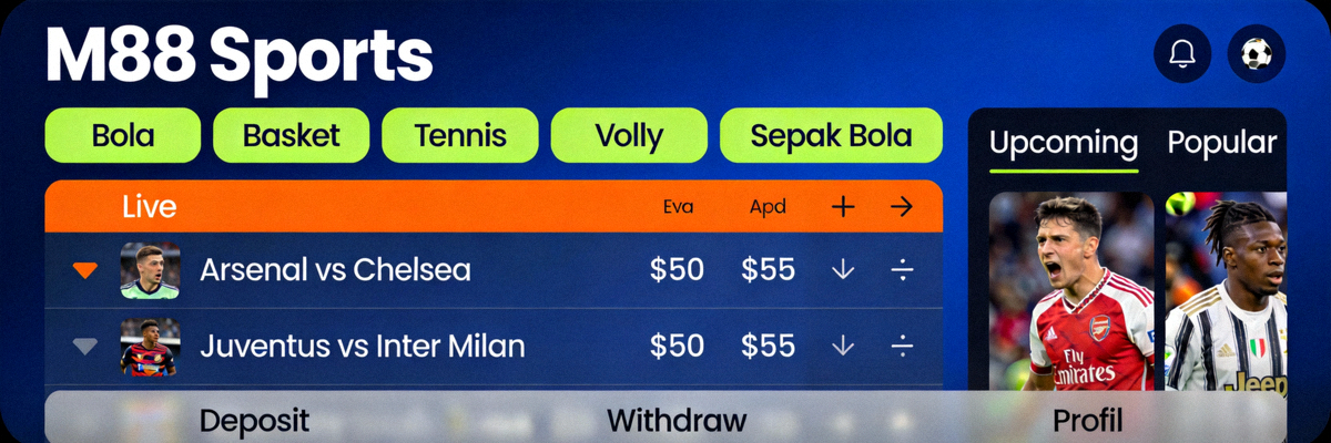 Tampilan utama antarmuka M88 Sports dengan berbagai pilihan taruhan olahraga