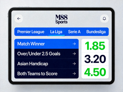 Antarmuka taruhan pra-pertandingan di M88 Sports dengan berbagai liga dan pasar